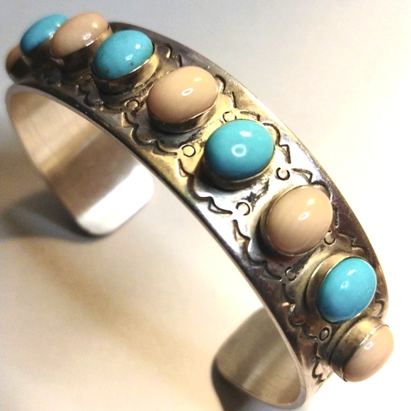 JAY KING DTR TURQUOISE & CORAL STERLING SILVER BRACELET ETCHED DESIGNS - Picture 2 of 4